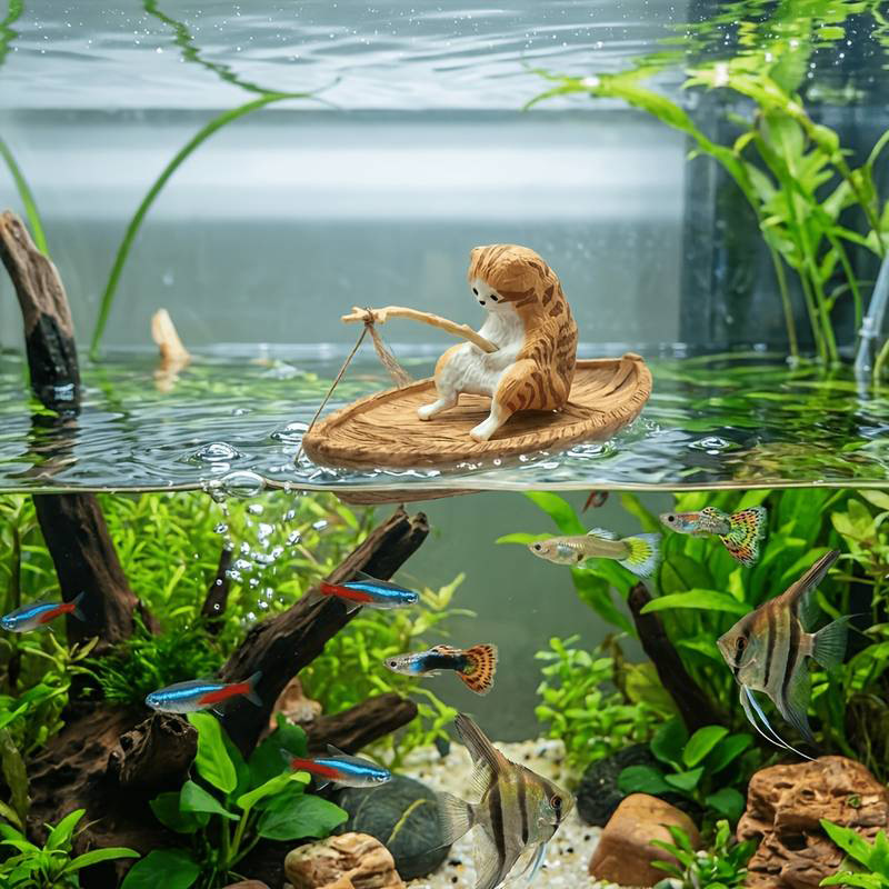 Aquarium Marina - Creative Cat Fishing Boat Aquarium Ornament